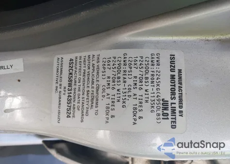 2001 Isuzu Rodeo Ls 3.2L V6/Lse 3.2L V6/S 3.2L V6 from USA, damaged, VIN 4S2CK58W314357524